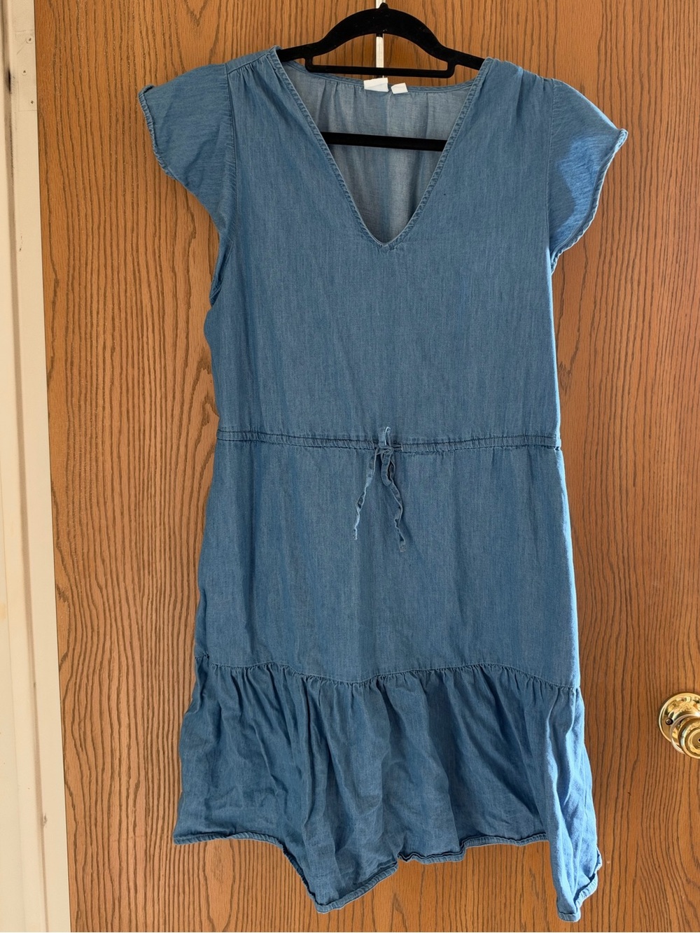 GAP Light Blue V-Neck Midi Denim Dress with Drawstring Waist